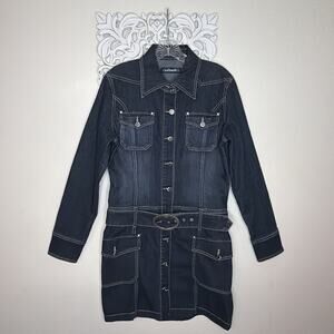 CLASH Jeans USA Women's MEDIUM Denim Dress Belted Long Sleeves Button Front BLUE